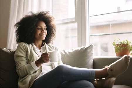 African American woman drinking coffee sitting on sofa at homeの素材