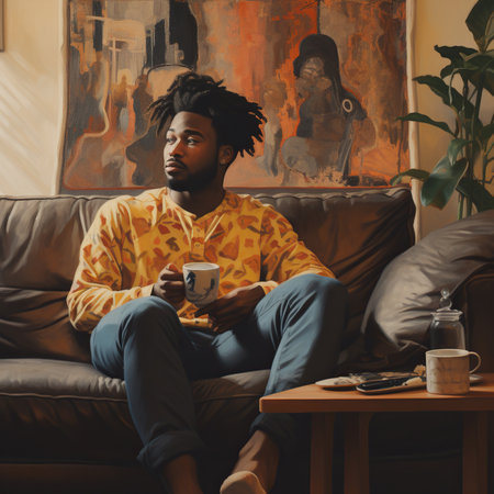 African American man drinking coffee sitting on sofa at homeの素材