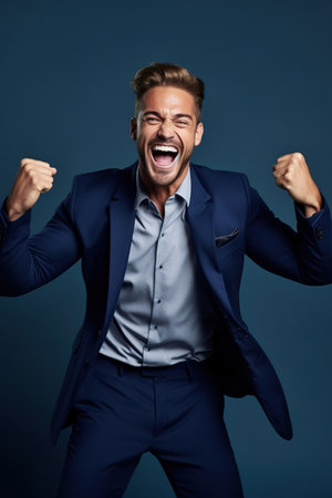 Photo of overjoyed cheerful man dressed stylish clothes celebrate success raise hands fists isolated on dark blue color backgroundの素材