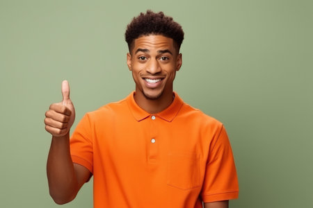 Positive excited African American guy wear orange shirt looking pointing empty space isolated on green color backgroundの素材