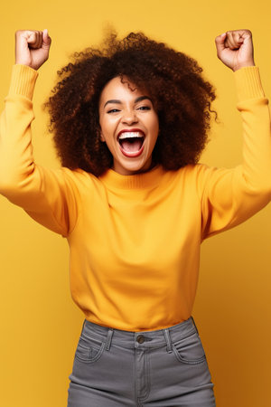 Overjoyed cheerful African American African American woman dressed stylish clothes celebrate success raise hands fists isolated on yellow color backgroundの素材