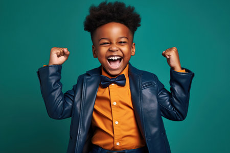 African American boy dressed stylish clothes celebrate success raise hands fists isolated on blue color backgroundの素材