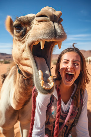 Happy female tourist having fun enjoying group camel ride tour in the desert.の素材