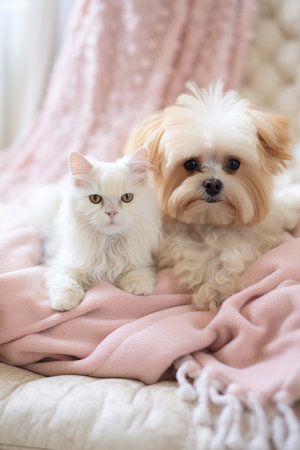 Charming pampered pets play side by side looking alertの素材