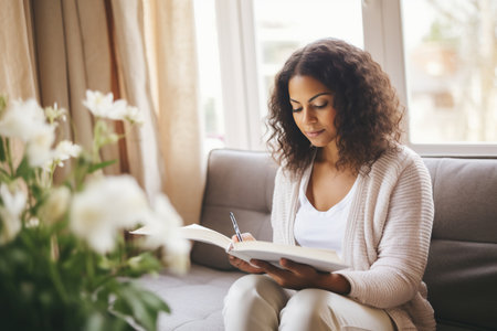 Multiracial woman writing on personal journal sitting on couch at home. African American female writing notes with penの素材