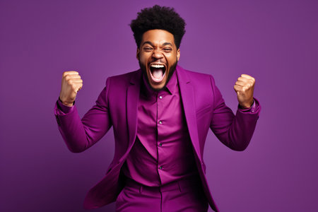 Overjoyed African American man dressed stylish clothes celebrate success raise hands fists isolated on purple color backgroundの素材