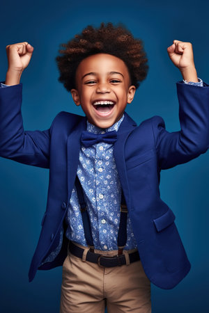 African American boy dressed stylish clothes celebrate success raise hands fists isolated on blue color backgroundの素材