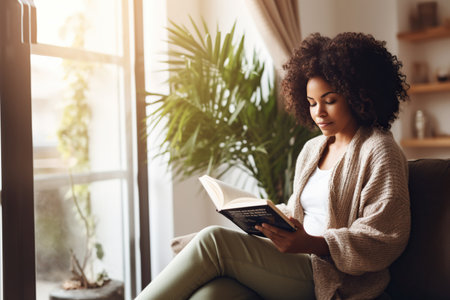 Pensive relaxed African American woman reading a book at home, drinking coffee sitting on the couch. Copy spaceの素材
