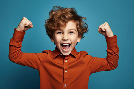 Happy boy dressed stylish clothes celebrate success raise hands fists isolated on blue color backgroundの素材