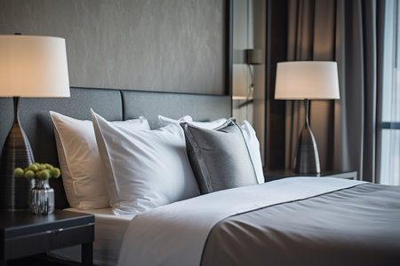 Modern luxury hotel room with comfortable beddingの素材