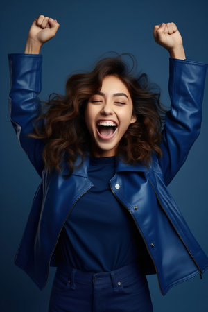 Photo of overjoyed cheerful woman dressed stylish clothes celebrate success raise hands fists isolated on dark blue color backgroundの素材