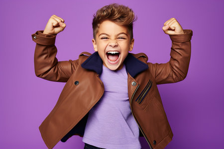 Happy boy dressed stylish clothes celebrate success raise hands fists isolated on purple color backgroundの素材