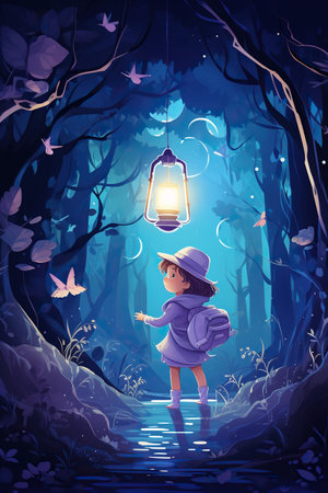 night adventure with fairy and glowing objectの素材