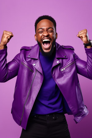 Overjoyed African American man dressed stylish clothes celebrate success raise hands fists isolated on purple color backgroundの素材