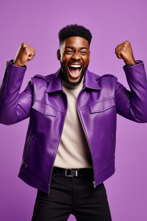 Overjoyed African American man dressed stylish clothes celebrate success raise hands fists isolated on purple color backgroundの素材