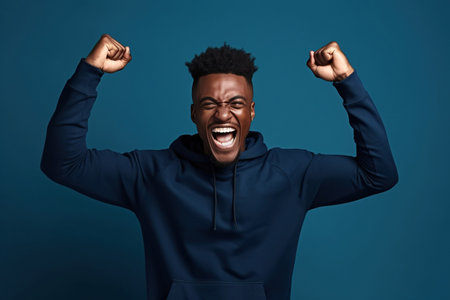 Cheerful African American man dressed stylish clothes celebrate success raise hands fists isolated on dark blue color backgroundの素材