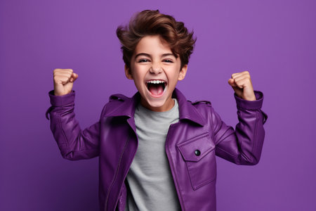 Happy boy dressed stylish clothes celebrate success raise hands fists isolated on purple color backgroundの素材