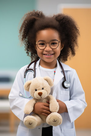 Head shot portrait smiling cute African American girl wearing glasses and white coat uniform with stethoscope pretending doctor looking at camera, playing with fluffy toy patientの素材