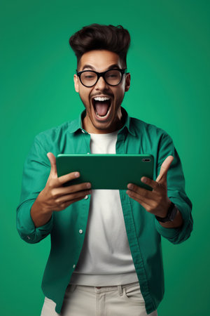 Portrait of overjoyed impressed person wearing stylish t-shirt eyewear holding smartphone win betting isolated on green color backgroundの素材