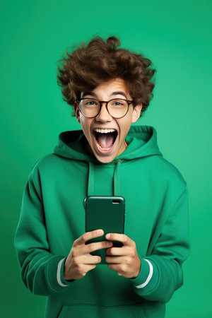 Portrait of overjoyed impressed person wearing stylish t-shirt eyewear holding smartphone win betting isolated on green color backgroundの素材