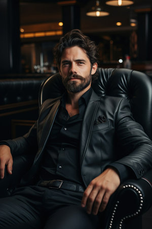 Portrait of handsome smiling businessman sitting in an armchairの素材