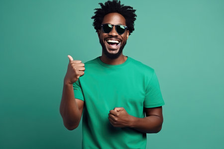 Portrait of toothy beaming nice African American man wear stylish t-shirt in eyewear hold smartphone arm in pocket isolated on green color backgroundの素材