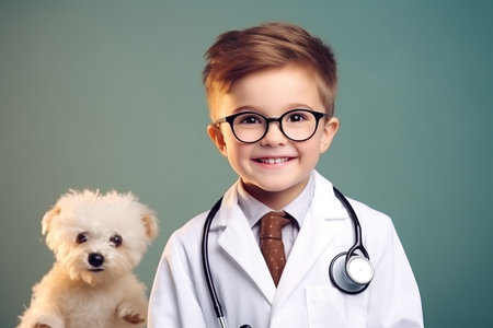 Head shot portrait smiling cute boy wearing glasses and white coat uniform with stethoscope pretending doctor looking at camera, playing with fluffy toy patient, children healthcareの素材