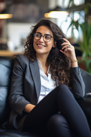 Young businesswoman wearing eyeglasses and talking over smart phone while relaxing in living roomの素材