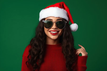 Young woman in glasses wear turtleneck Santa hat watch movie film hold popcorn bucket cup of soda pop in cinema isolated on color background Happy New Year 2025 Christmas holiday conceptの素材