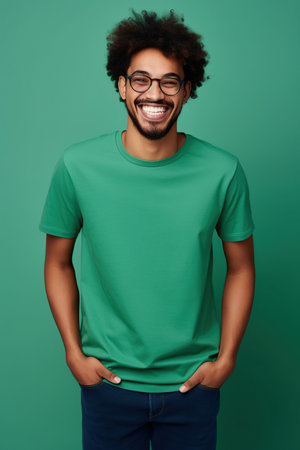 Portrait of toothy beaming nice African American man wear stylish t-shirt in eyewear hold smartphone arm in pocket isolated on green color backgroundの素材