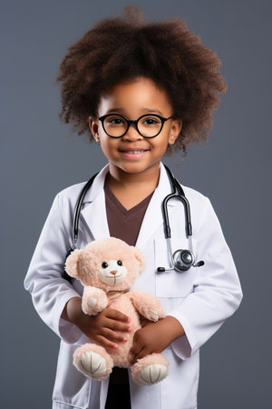 Head shot portrait smiling cute African American girl wearing glasses and white coat uniform with stethoscope pretending doctor looking at camera, playing with fluffy toy patientの素材