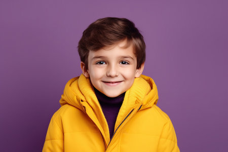 Cute beautiful boy wear stylish clothes isolated on color backgroundの素材