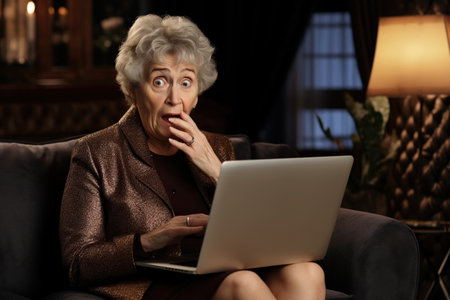 Elderly woman sit on couch hold pc on lap cover face with hands during thriller movie scary momentの素材