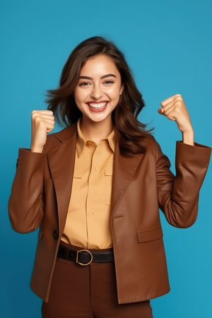 Pretty young girl raise fist celebrate hold gadget dressed stylish brown outfit isolated on blue color backgroundの素材