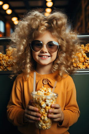 Funny and ridiculous child boy eats caramel popcornの素材