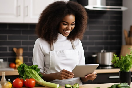 Happy millennial African American girl enjoying cooking salad from fresh vegetables in kitchen, using digital tablet pad, consulting recipe, healthy food blogの素材