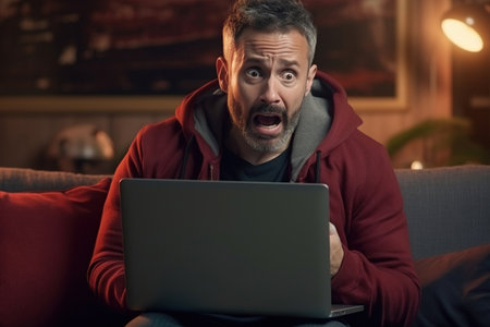 Man sit on couch hold pc on lap cover face with hands during thriller movie scary moment, cant believe in luck online lottery win crying from happinessの素材