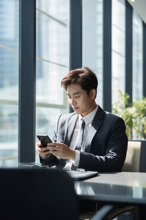 Young busy happy Asian business man manager using mobile cell phone tech in officeの素材