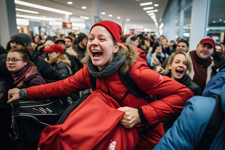 Black Friday Sale. A crowd of people jostle to grab discounted clothes in a shopping centerの素材