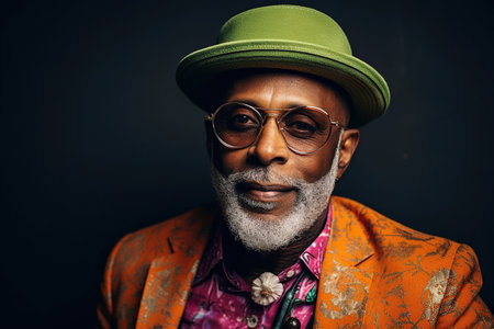 60 year old fashionable hipster African American man portrait on black backgroundの素材