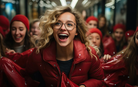 Black Friday Sale. A crowd of beautiful gorgeous women jostle to grab discounted clothes in a shopping centerの素材