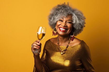 Happy Mature African American woman with Gray Hair Celebrating on a golden Background with Space for Copyの素材