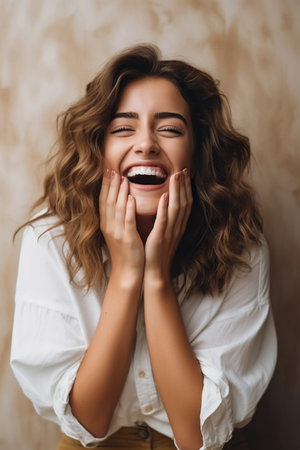 Positive beautiful woman with hands covering mouth laughing cheerfully against backgroundの素材