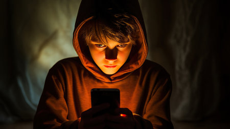 12 year old child depressed and staring at their phone screenの素材