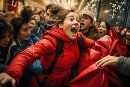 Black Friday Sale. A crowd of people jostle to grab discounted clothes in a shopping centerの素材