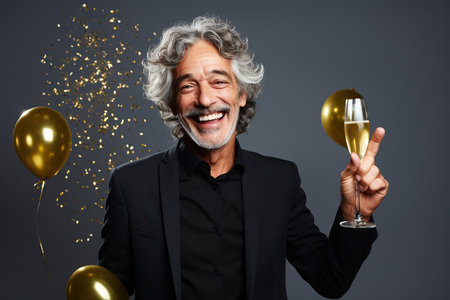 Happy Mature man with Gray Hair Celebrating New Years Party on a black Background with Space for Copyの素材