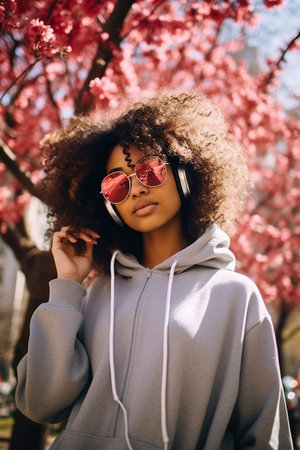 Adorable lovely African American girl wear trendy clothes listen music walk alone in park spring weather weekend travel outdoorsの素材