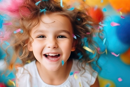 Happy and smiling child girl celebrates his birthdayの素材