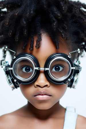 Funny looking African American child girl wears futuristic eyeglasses, on white background.の素材