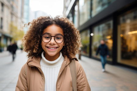 Happy little Latin girl in eyeglasses taking selfie with smartphone in cityの素材